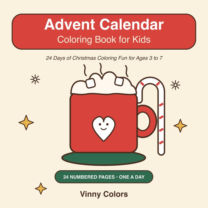Cover of the Advent Calendar Coloring Book for Kids: a red mug of hot cocoa with a heart